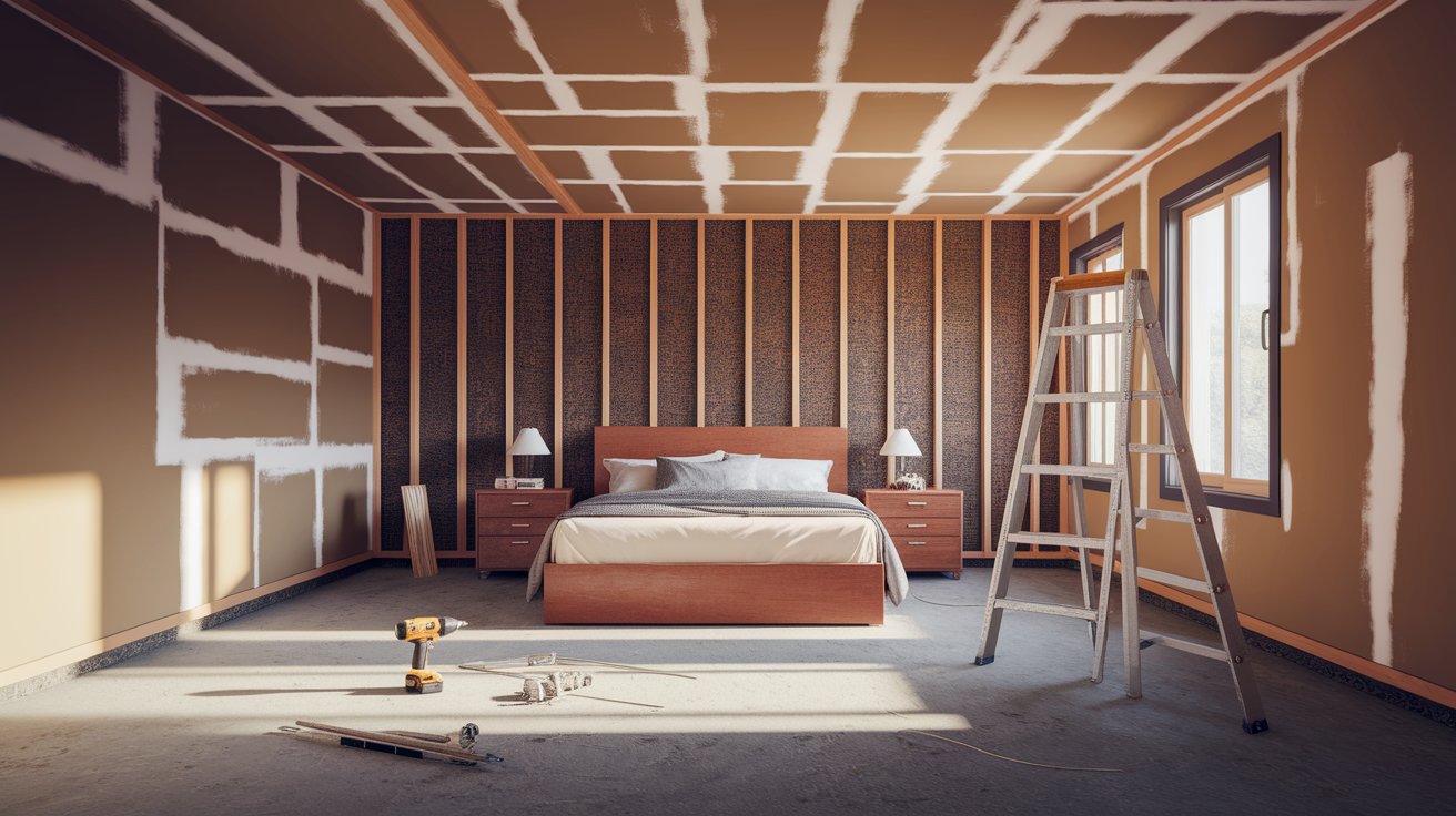 A bedroom featuring a ladder and various tools scattered around, indicating a work-in-progress or renovation.
