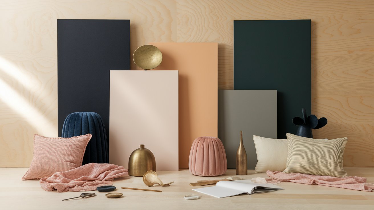 A collection of colorful pillows arranged with various decorative items on a soft surface.