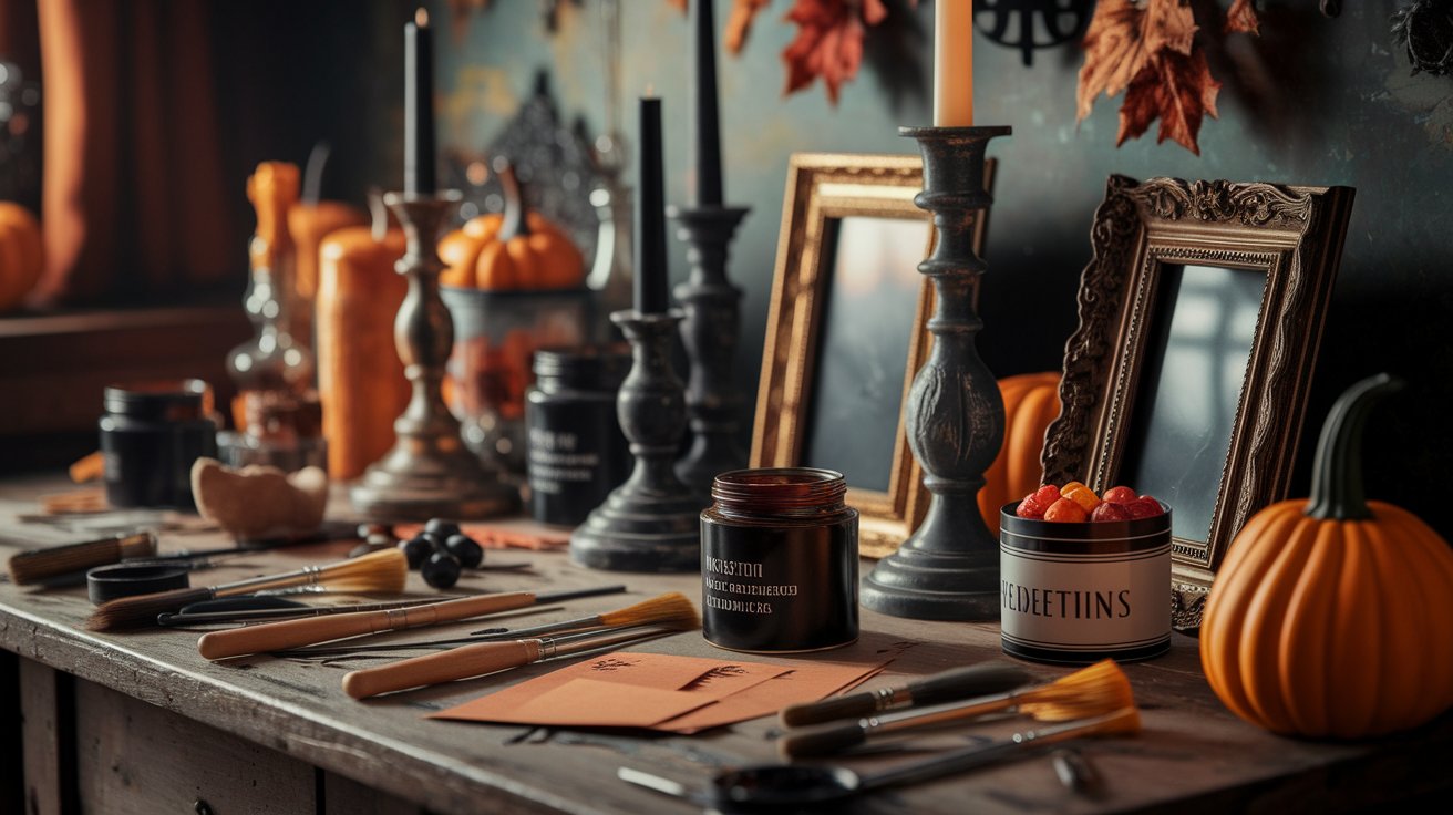 A table adorned with Halloween decorations, featuring candles, pumpkins, and various festive items.