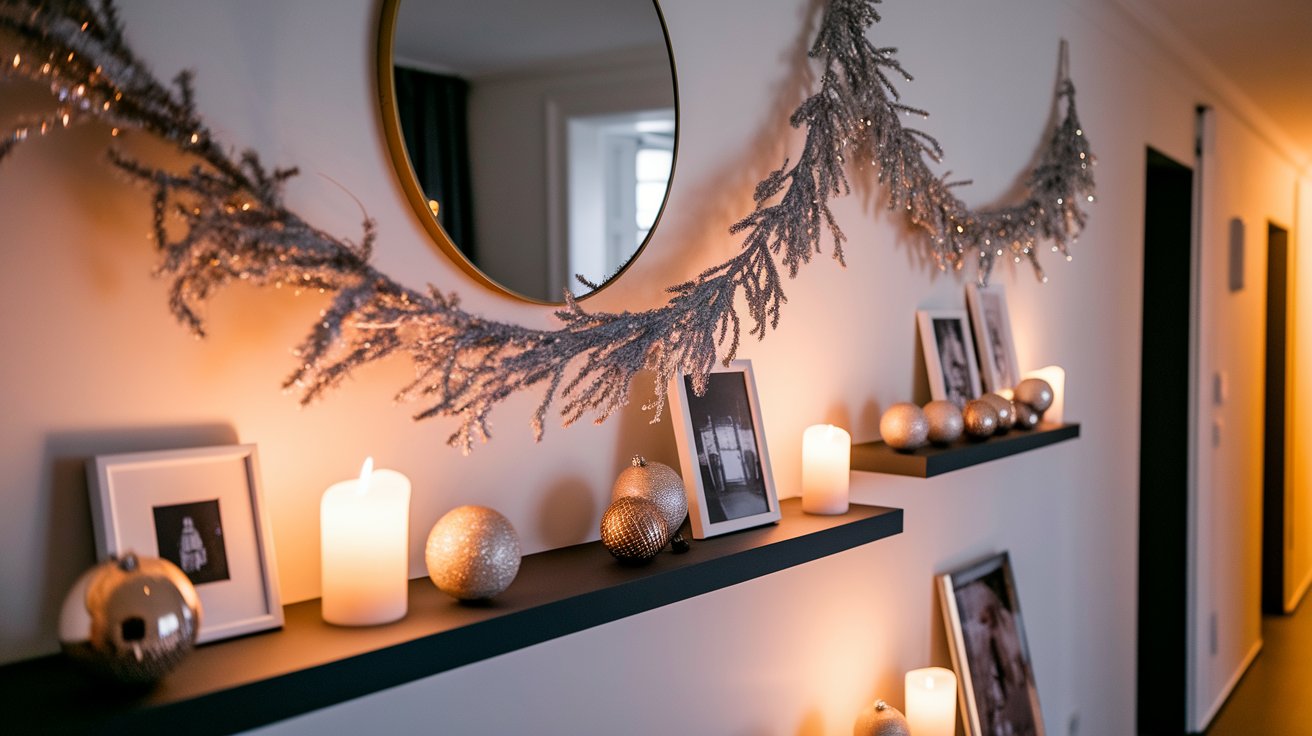 A dimly lit hallway adorned with flickering candles and framed pictures on the walls, creating a warm atmosphere.