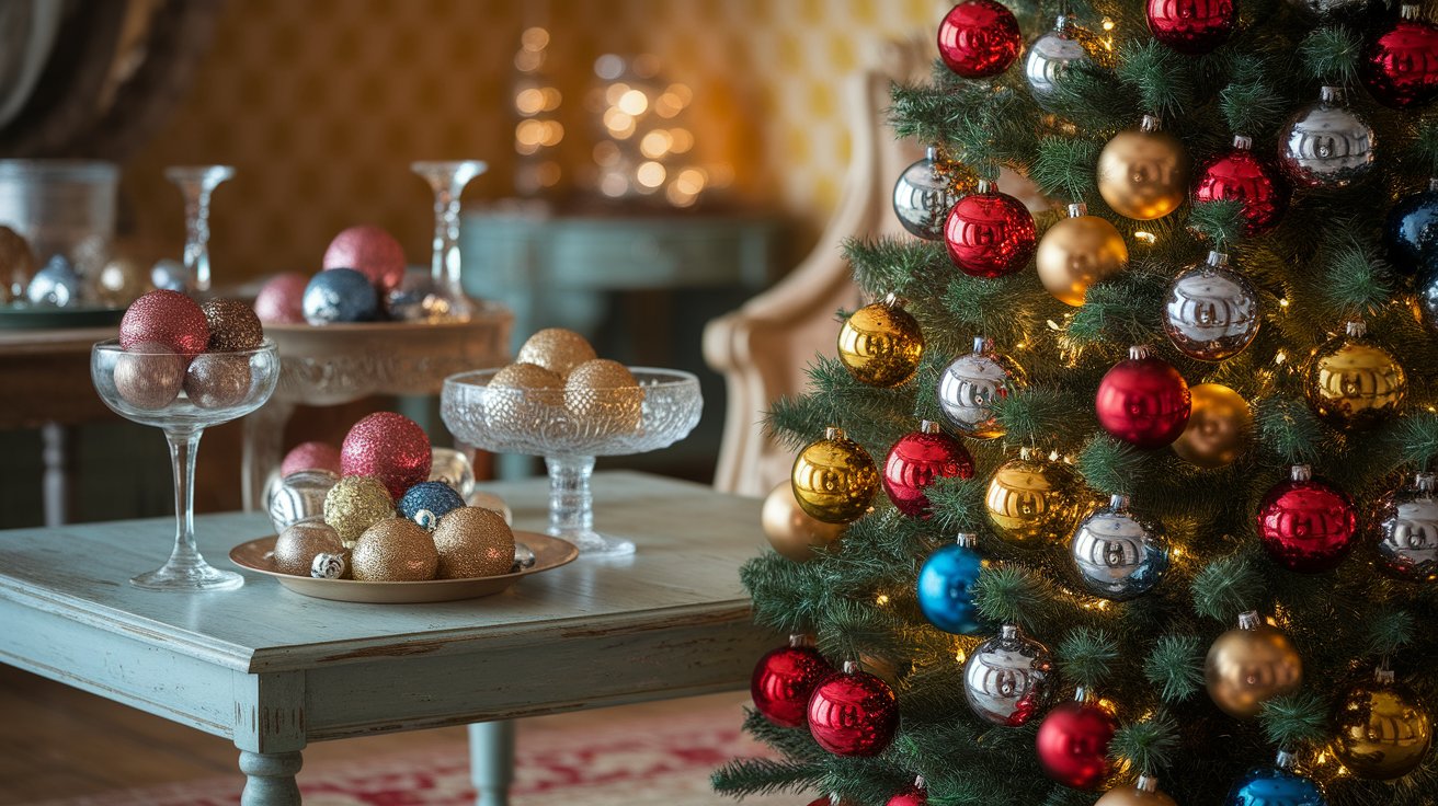 A decorated Christmas tree with colorful ornaments beside a glass of red wine on a festive table.