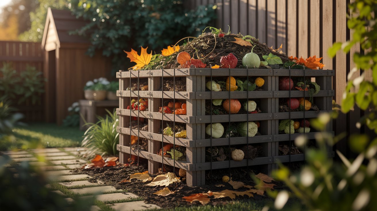 A compost bin filled with a mixture of vegetable scraps and green leaves, promoting sustainable waste management.