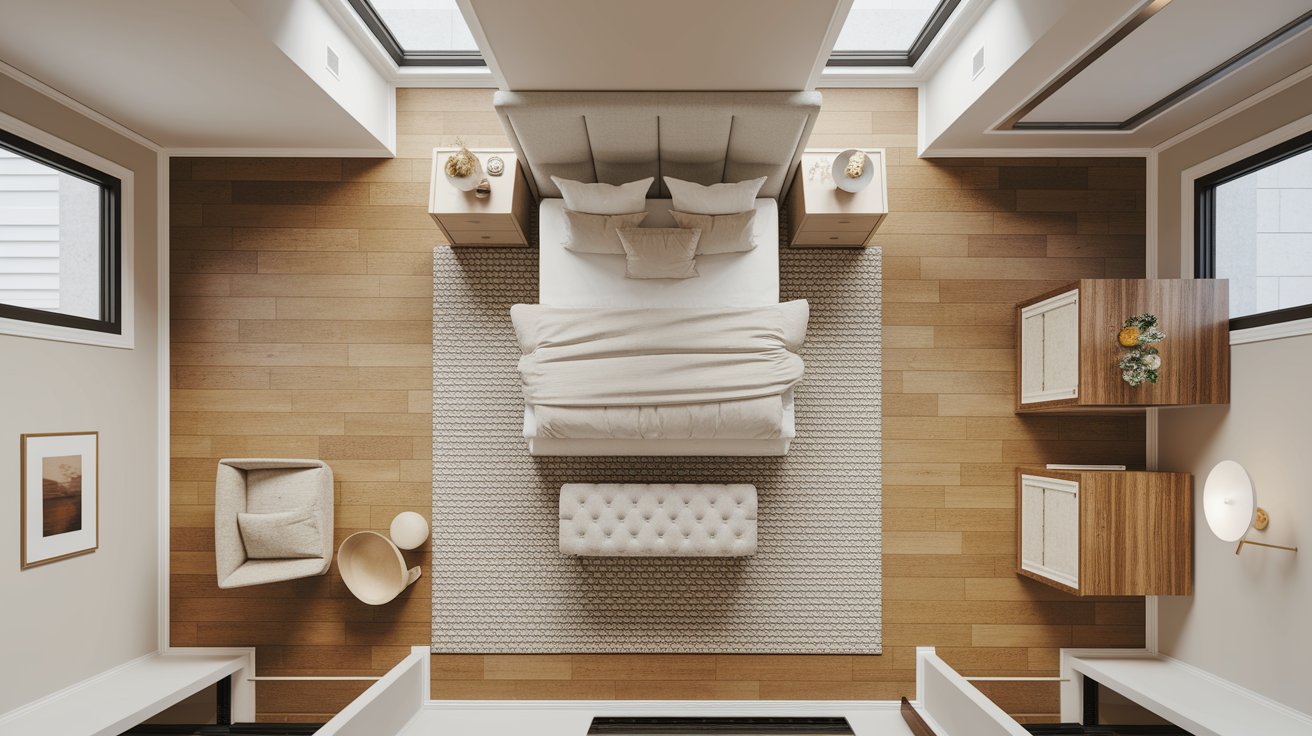 A well-furnished bedroom with a neatly made bed, a desk for work, and a window providing outside views.