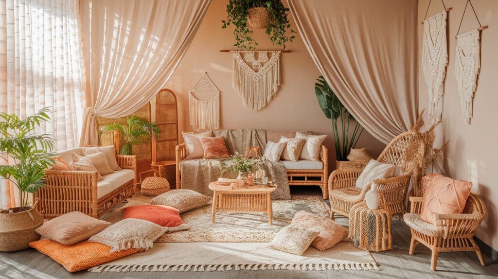 A cozy living room filled with various furniture pieces and lush green plants, creating a vibrant and inviting atmosphere.