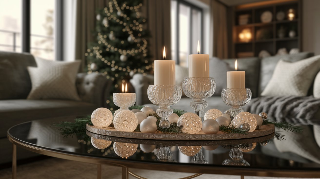 A cozy living room featuring a table adorned with candles and decorative ornaments, creating a warm atmosphere.
