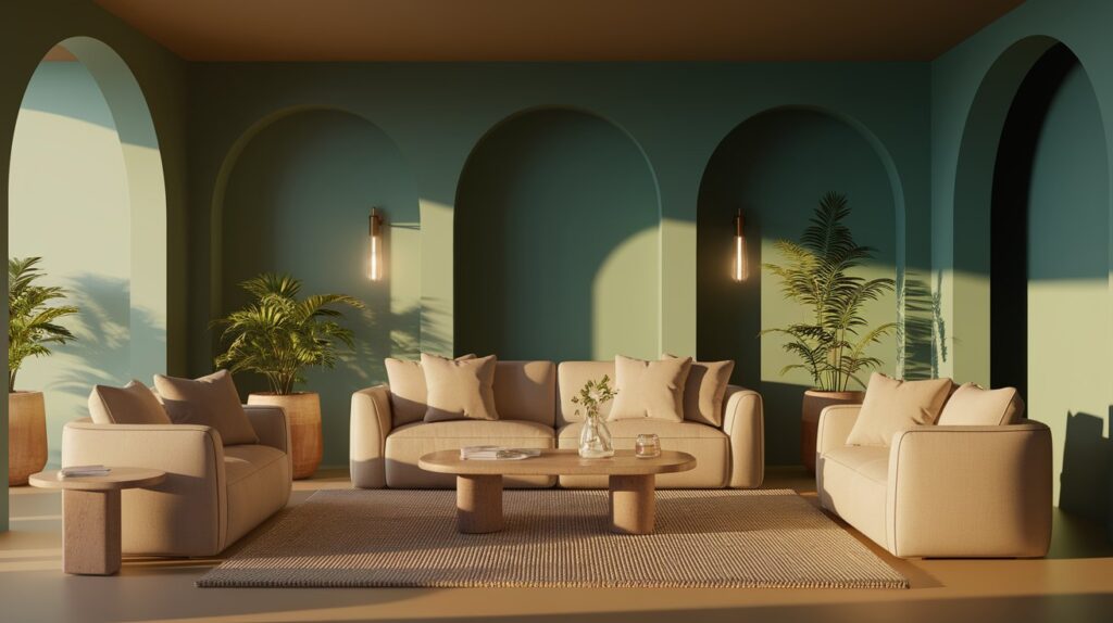 A living room featuring green walls and beige furniture, creating a warm and inviting atmosphere.