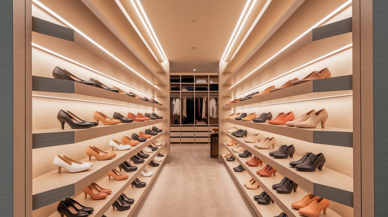 A spacious walk-in closet filled with neatly arranged shoes on multiple shelves.
