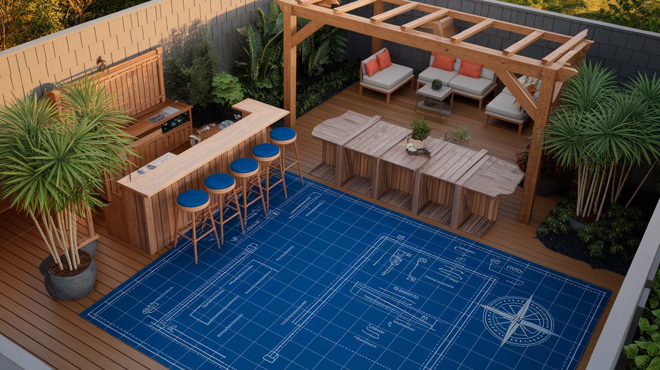 Blueprint of a backyard patio design featuring a bar area and seating chairs.