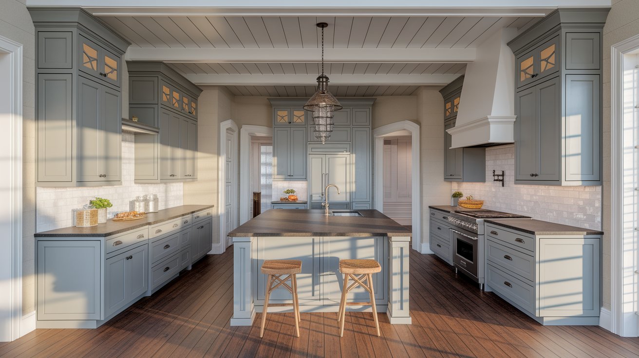 A modern kitchen featuring blue cabinets and warm wood floors, creating a stylish and inviting atmosphere.