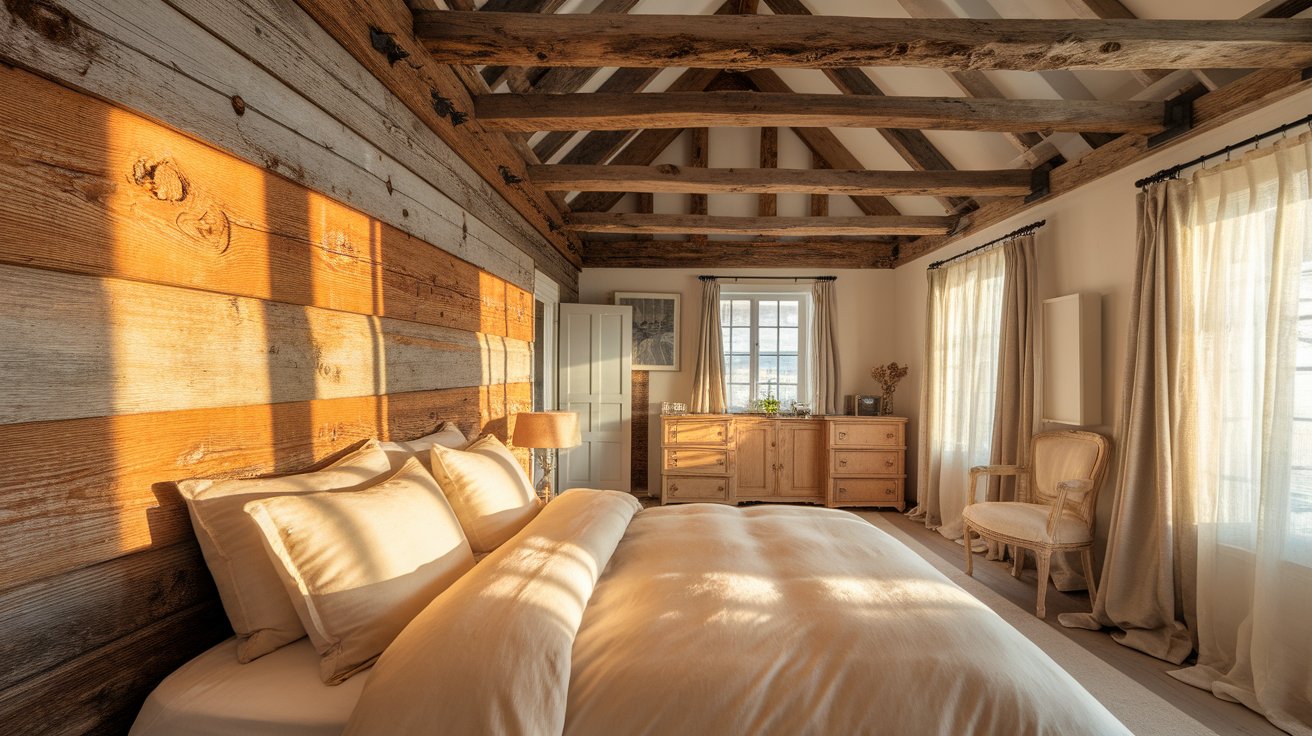 A cozy bedroom featuring a bed against wooden walls, creating a warm and inviting atmosphere.
