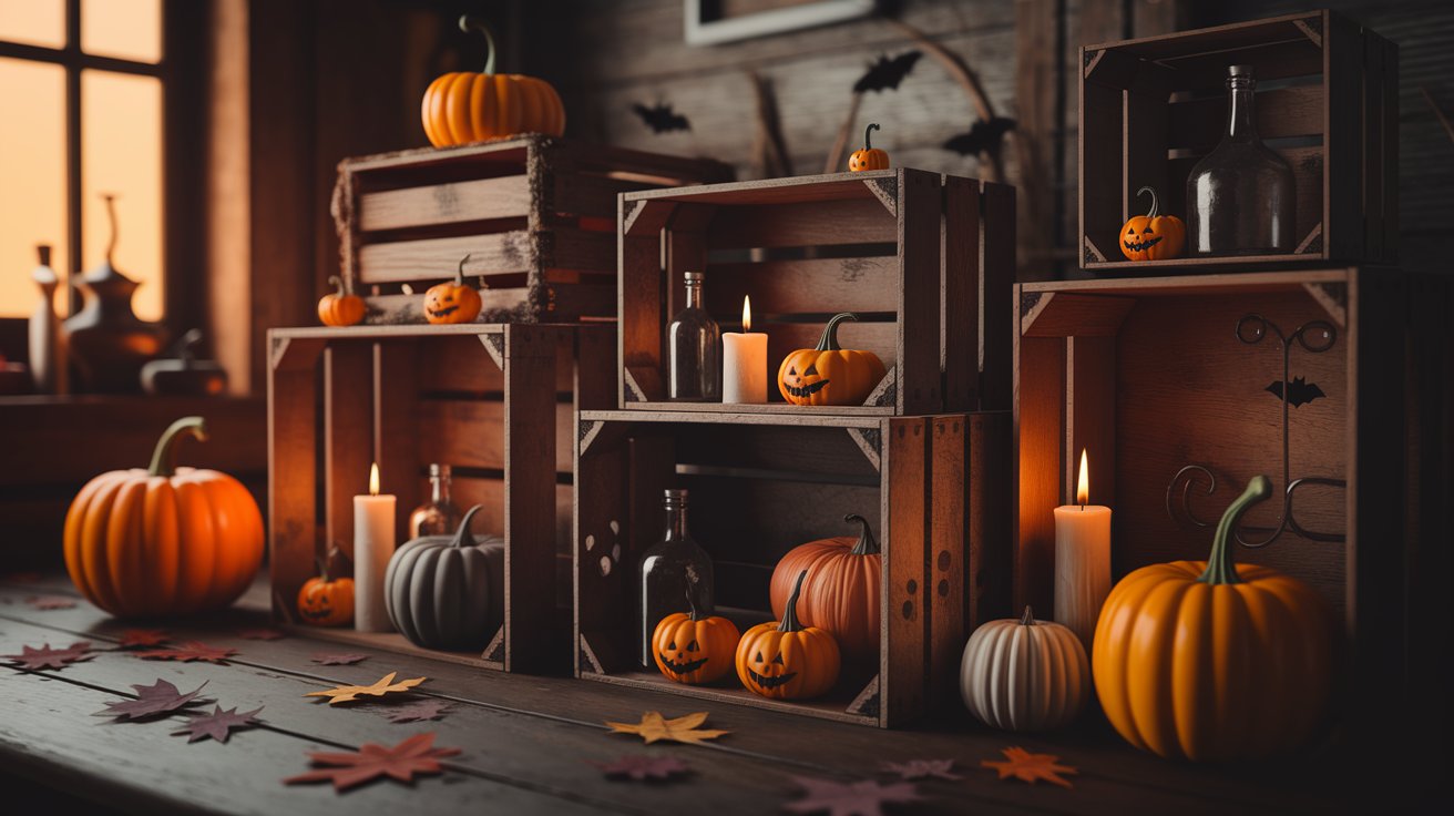 Halloween decorations in wooden crates featuring pumpkins and candles, creating a festive autumn atmosphere.
