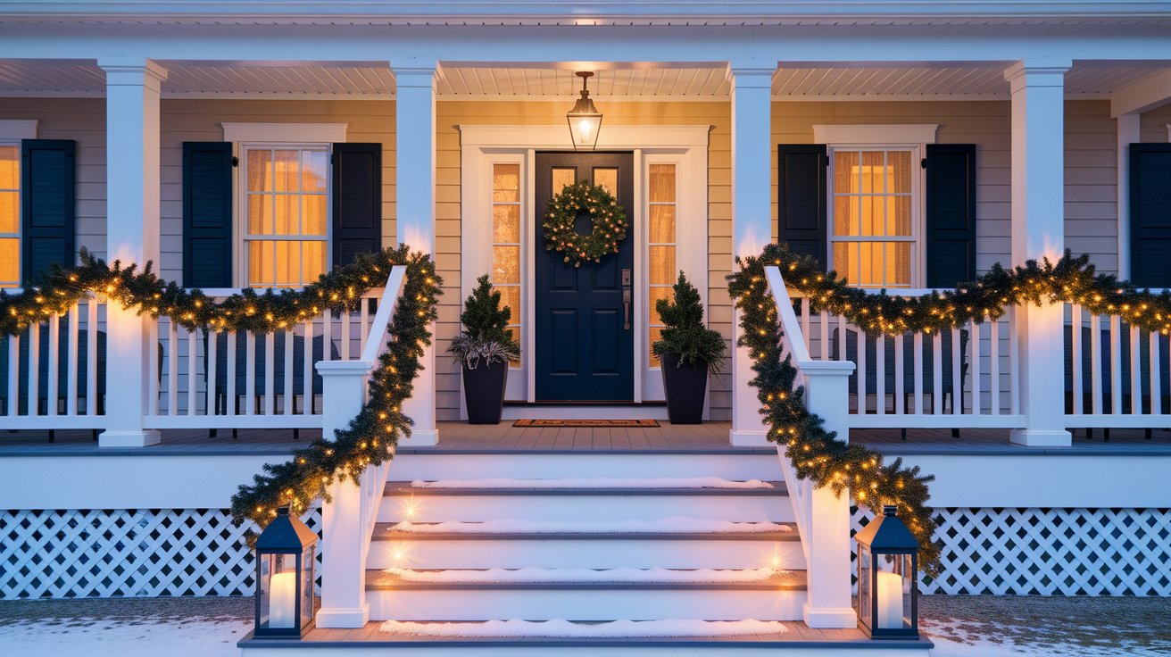 A welcoming front porch featuring bright Christmas lights and elegant garland, enhancing the holiday cheer.