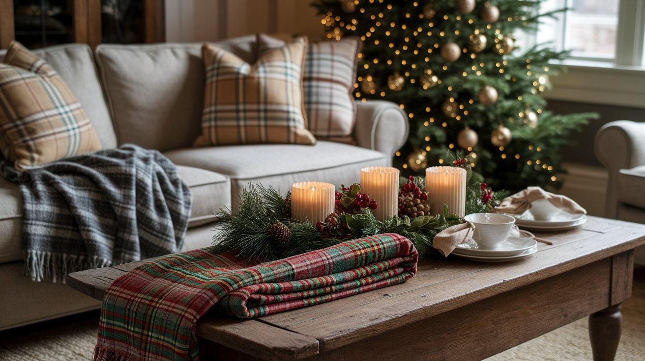 A cozy living room featuring a decorated Christmas tree, a comfortable couch, and a stylish coffee table.
