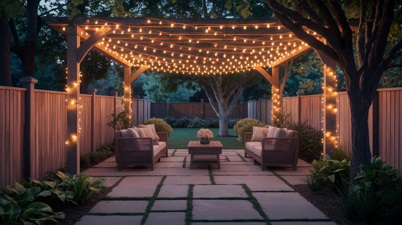 A cozy backyard patio featuring a pergola adorned with string lights, creating a warm and inviting atmosphere.