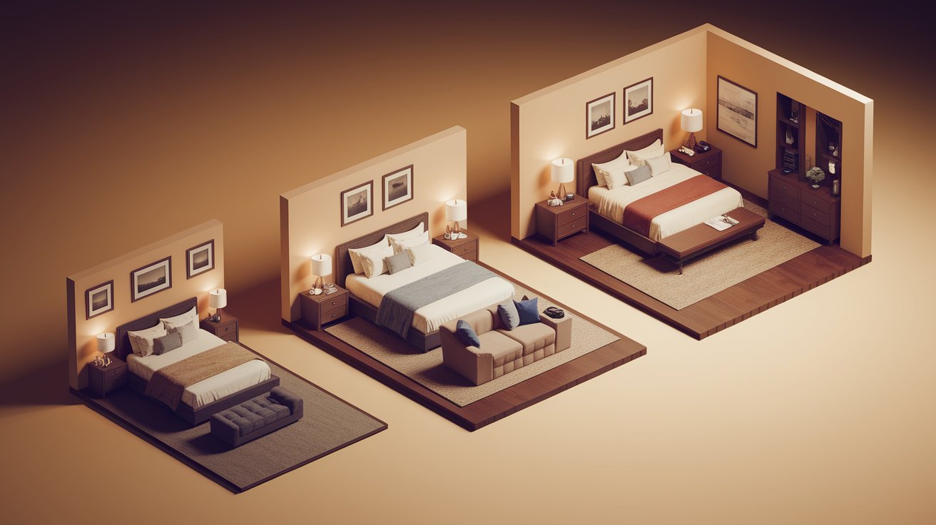 Isometric illustration of a bedroom interior showcasing a bed, sofa, and nightstand in a modern design.