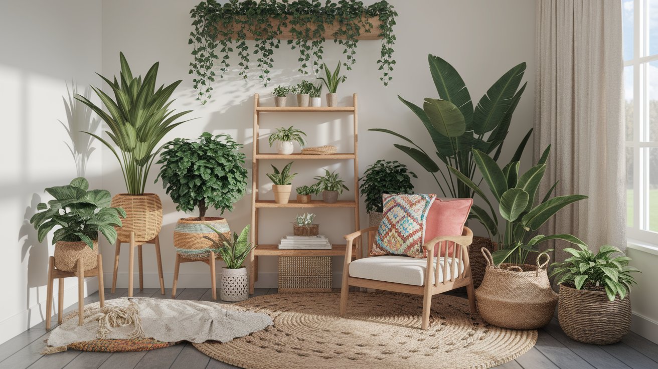 A cozy room featuring various plants and stylish furniture arranged for comfort and aesthetic appeal.