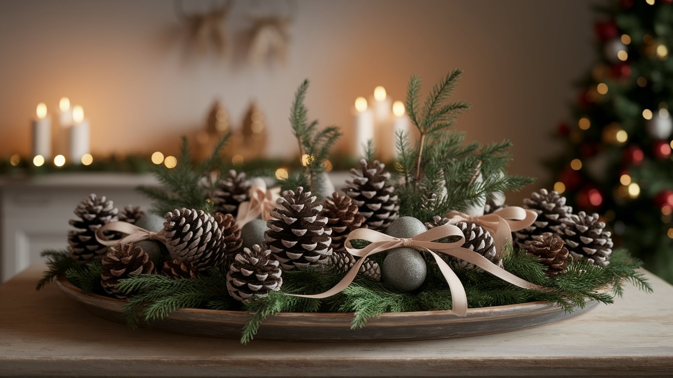 A festive Christmas table adorned with pine cones and flickering candles, creating a warm and inviting atmosphere.
