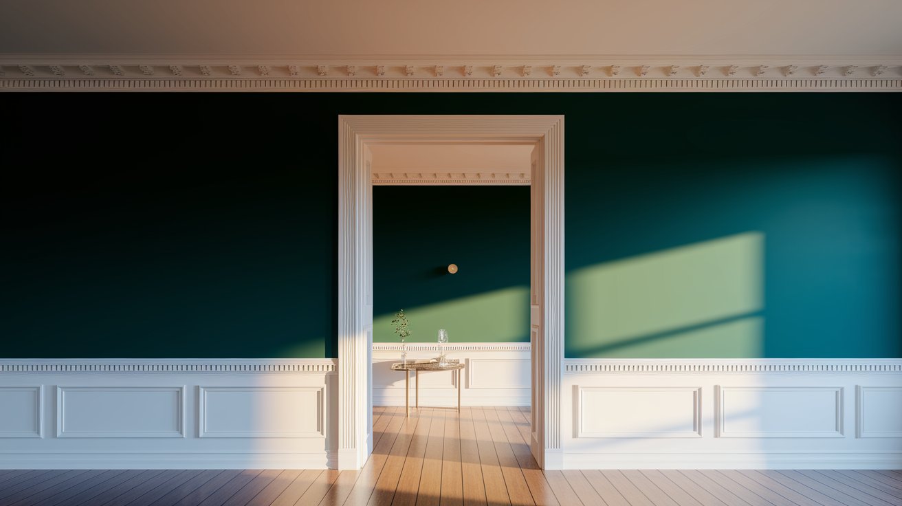 An empty room featuring green walls and wooden floors, creating a serene and spacious atmosphere.