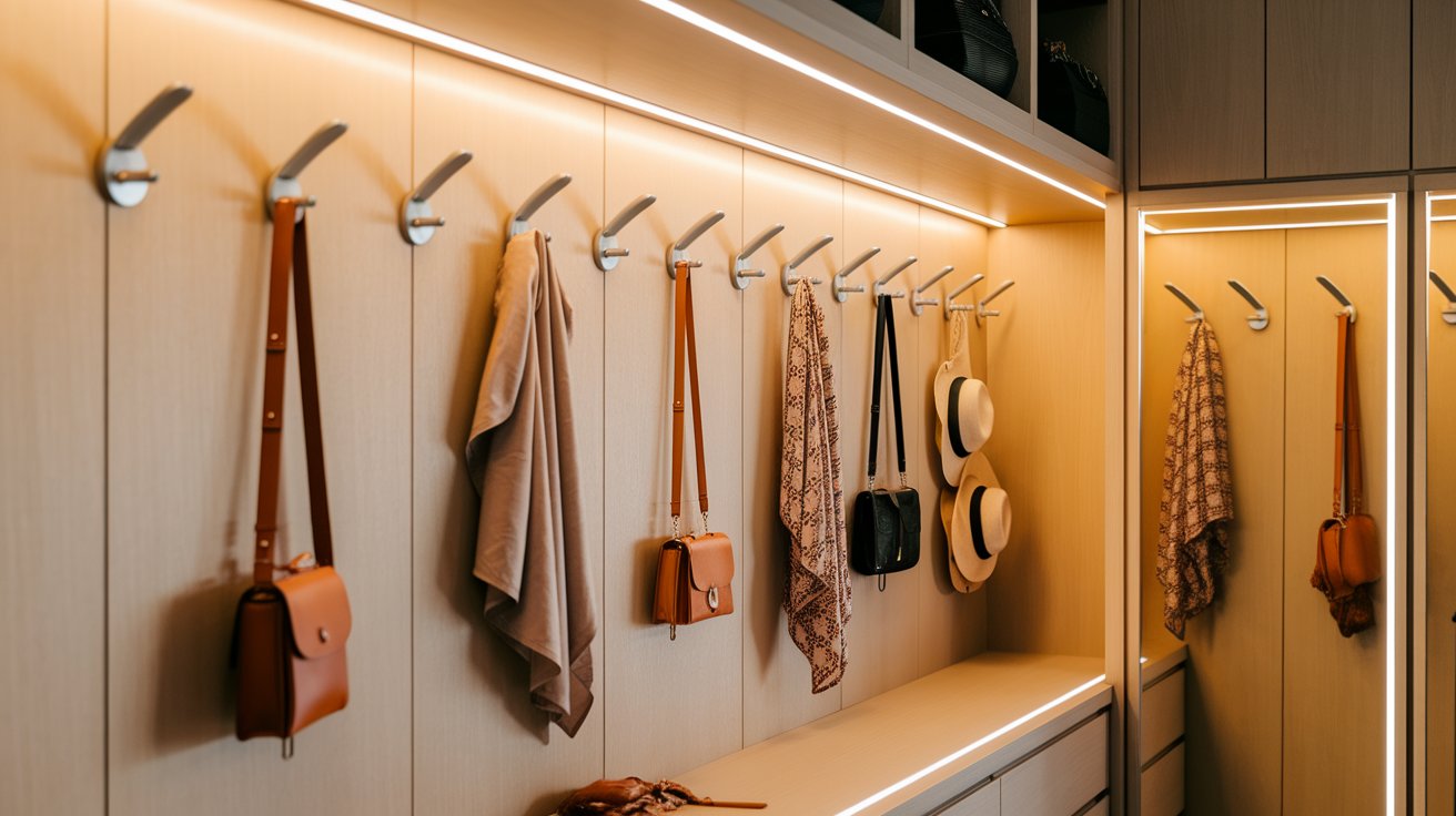 A hallway featuring a coat rack with several bags hanging from it, creating a welcoming entryway atmosphere.