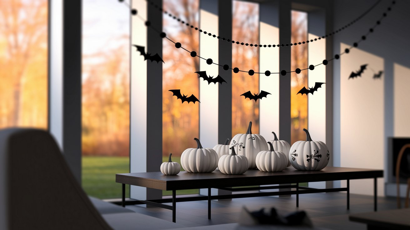 Halloween-themed living room featuring decorated table and chairs with spooky decor elements.