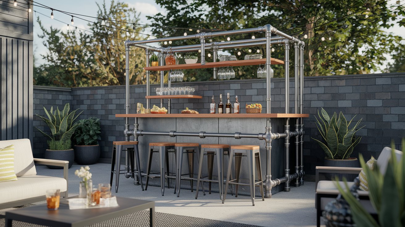 A patio bar featuring a wooden bar and several high chairs arranged for outdoor seating.