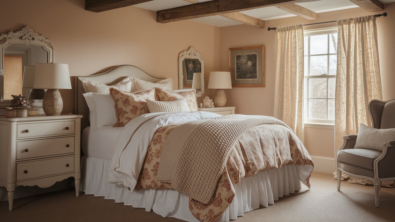 A cozy bedroom featuring a neatly made bed, a wooden dresser, and a wall-mounted mirror reflecting the room's decor.