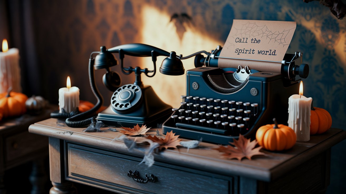 An old-fashioned typewriter beside a small pumpkin on a wooden table, evoking a cozy autumn atmosphere.