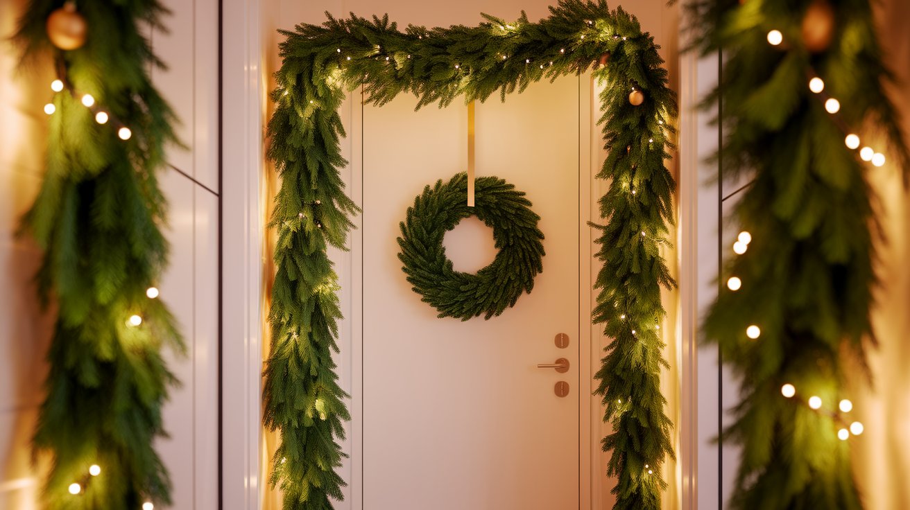 A beautifully decorated Christmas wreath is displayed on the door of a house, featuring traditional holiday colors.