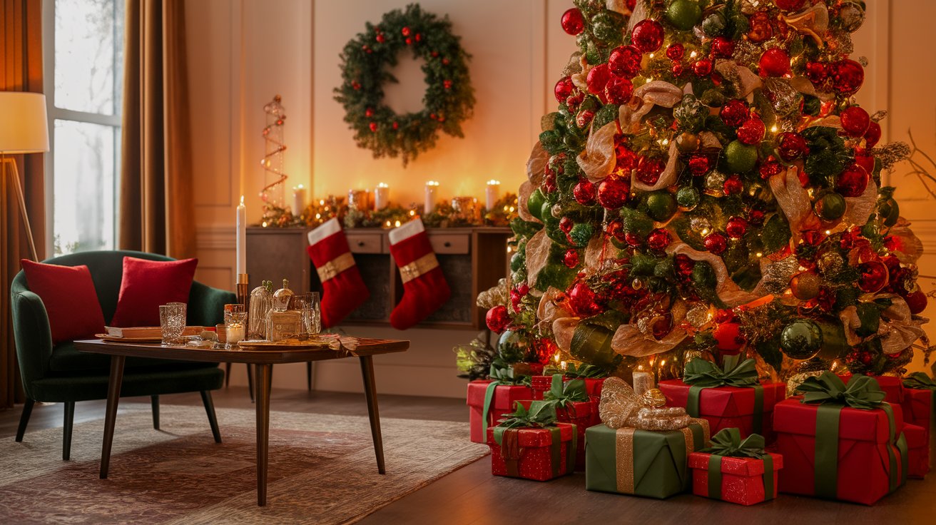 A Christmas tree adorned with ornaments and lights, with an array of wrapped presents placed underneath.