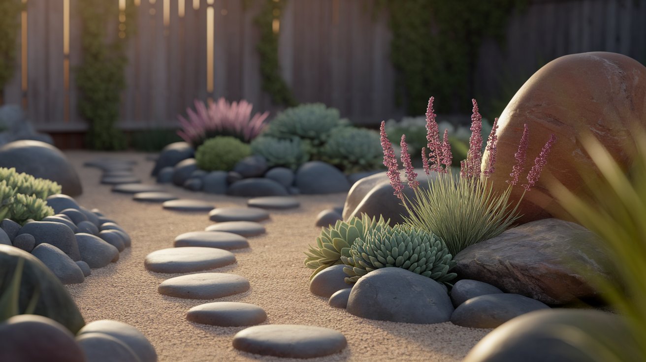A picturesque garden showcasing vibrant plants and carefully arranged rocks.