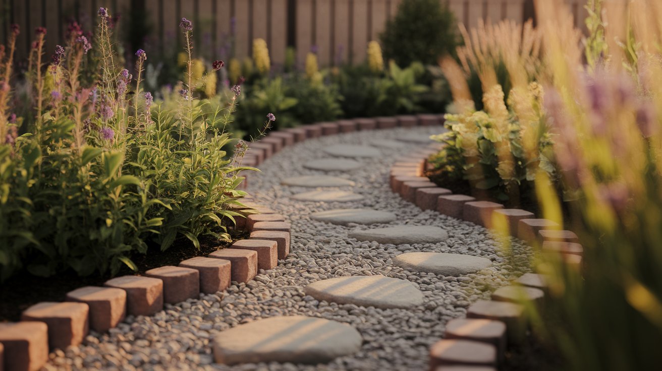 A serene garden featuring a stone walkway bordered by lush greenery and a winding gravel path.
