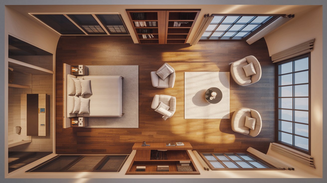 A 3D view of a cozy bedroom featuring a neatly made bed and a comfortable couch.
