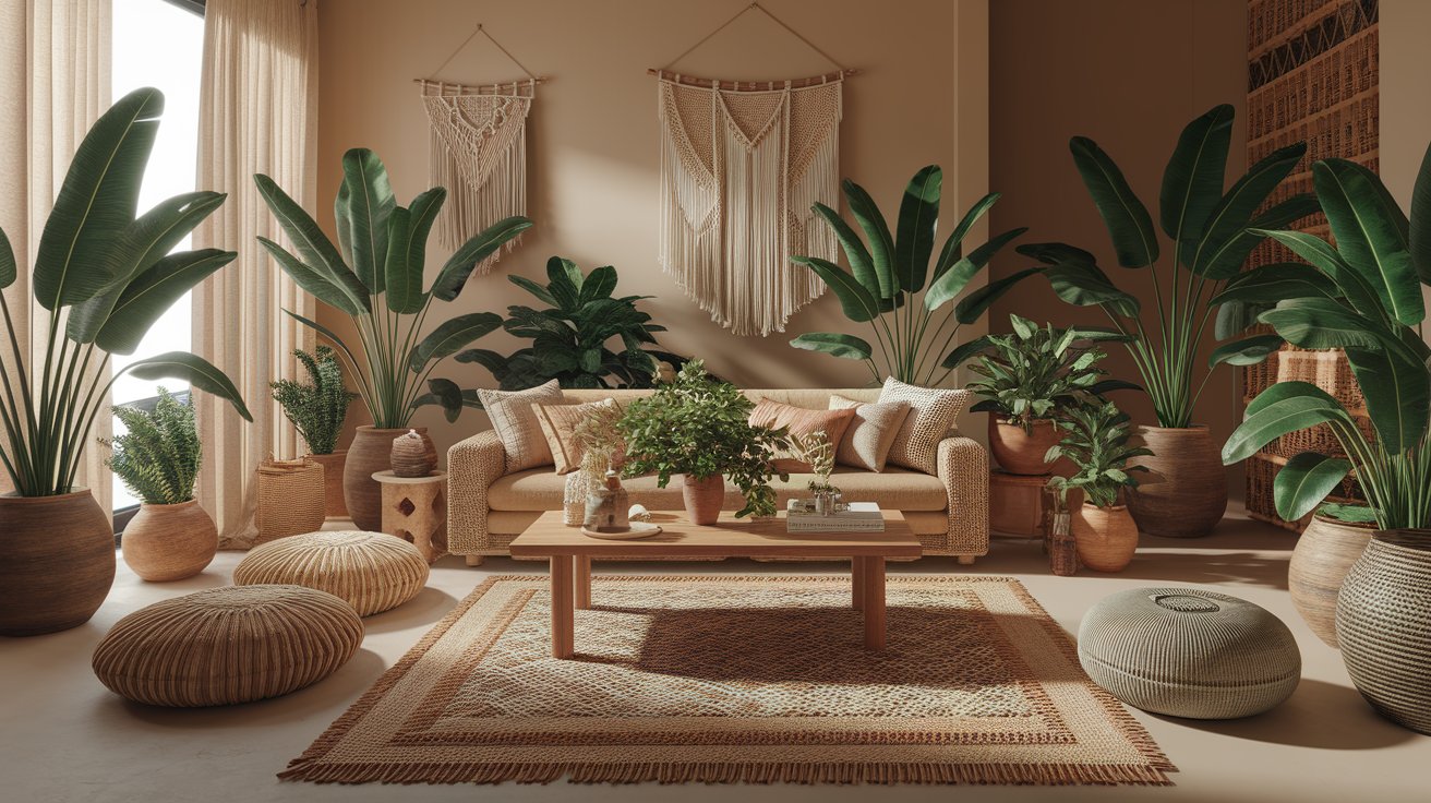 A cozy living room filled with various plants and stylish furniture, creating a vibrant and inviting atmosphere.