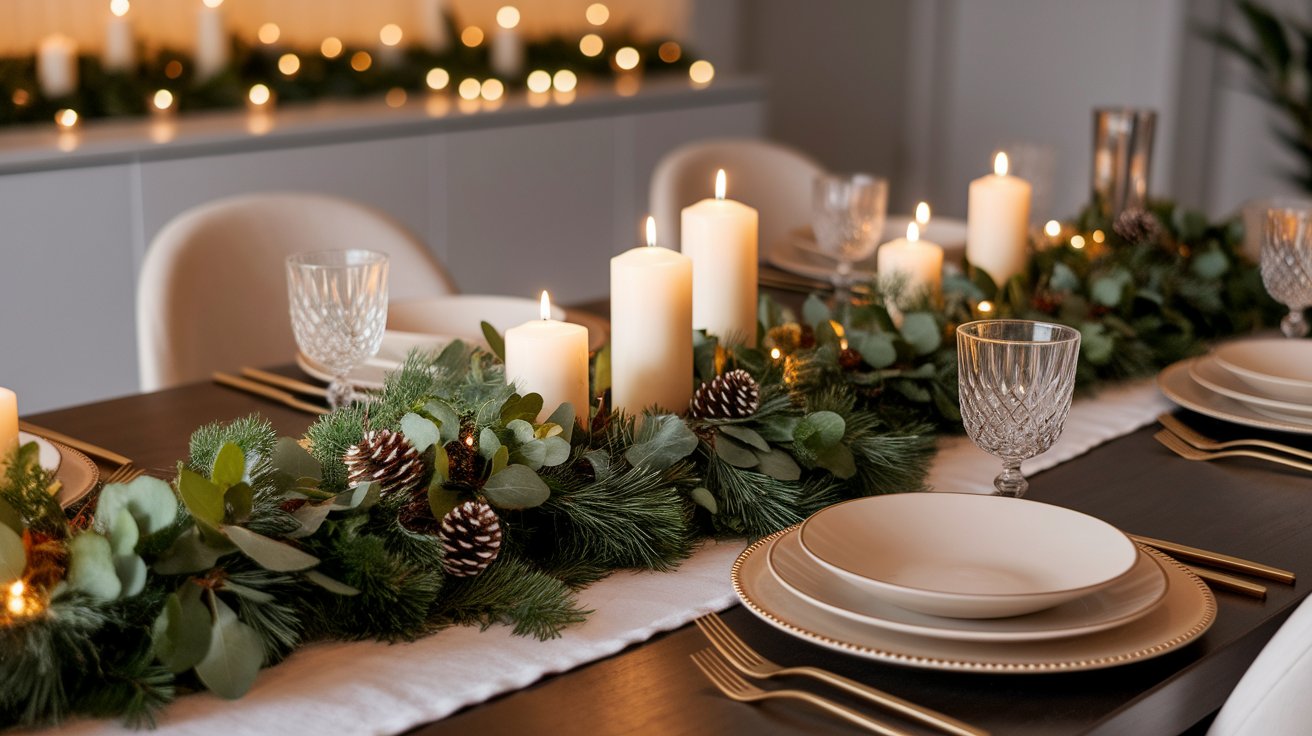 A beautifully arranged Christmas dinner table adorned with candles and fresh greenery, creating a festive atmosphere.