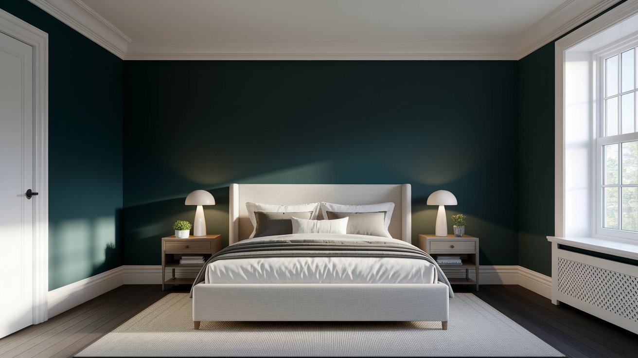 A cozy bedroom featuring dark green walls and a neatly made white bed.
