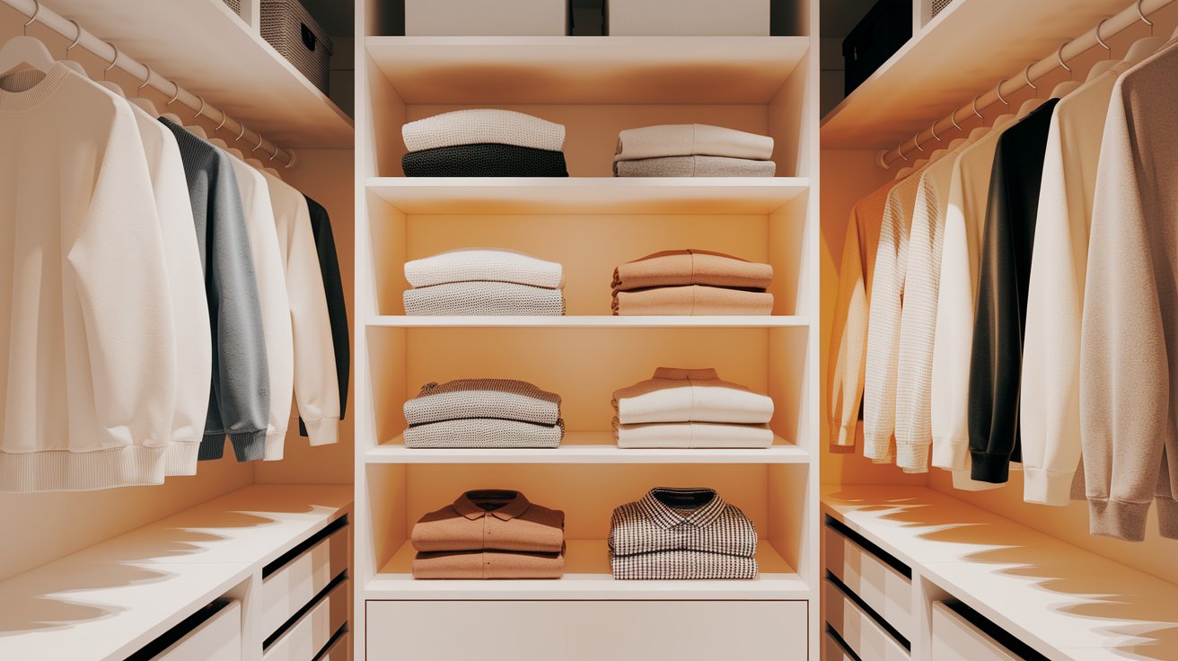 A spacious walk-in closet filled with neatly arranged clothes on hangers and shelves.