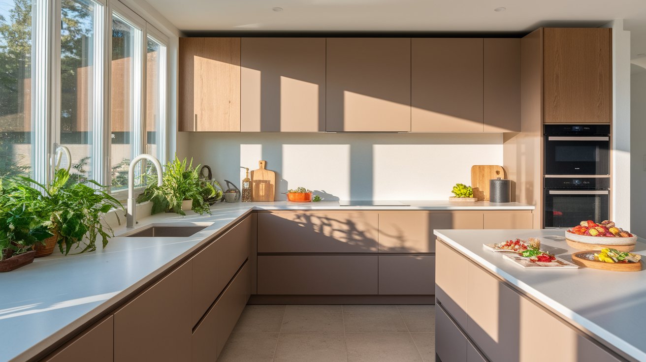 A modern kitchen featuring a large window and an abundance of greenery from various indoor plants.