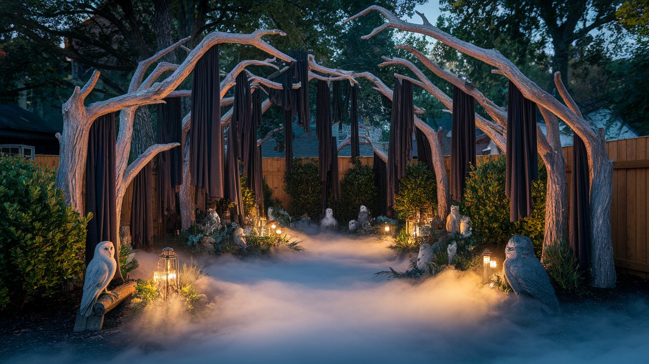 A serene garden shrouded in fog, with trees softly illuminated, creating a mystical atmosphere.