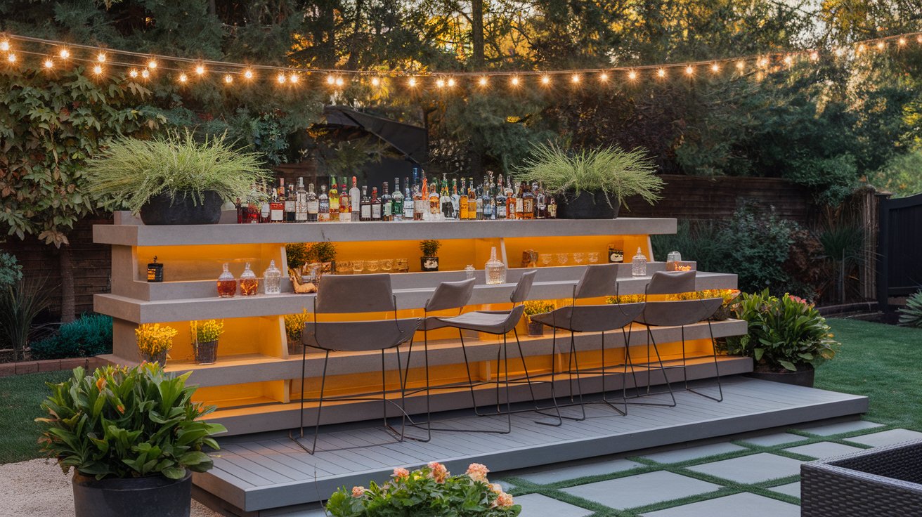 A stylish backyard bar featuring decorative lights and vibrant plants, perfect for outdoor gatherings.