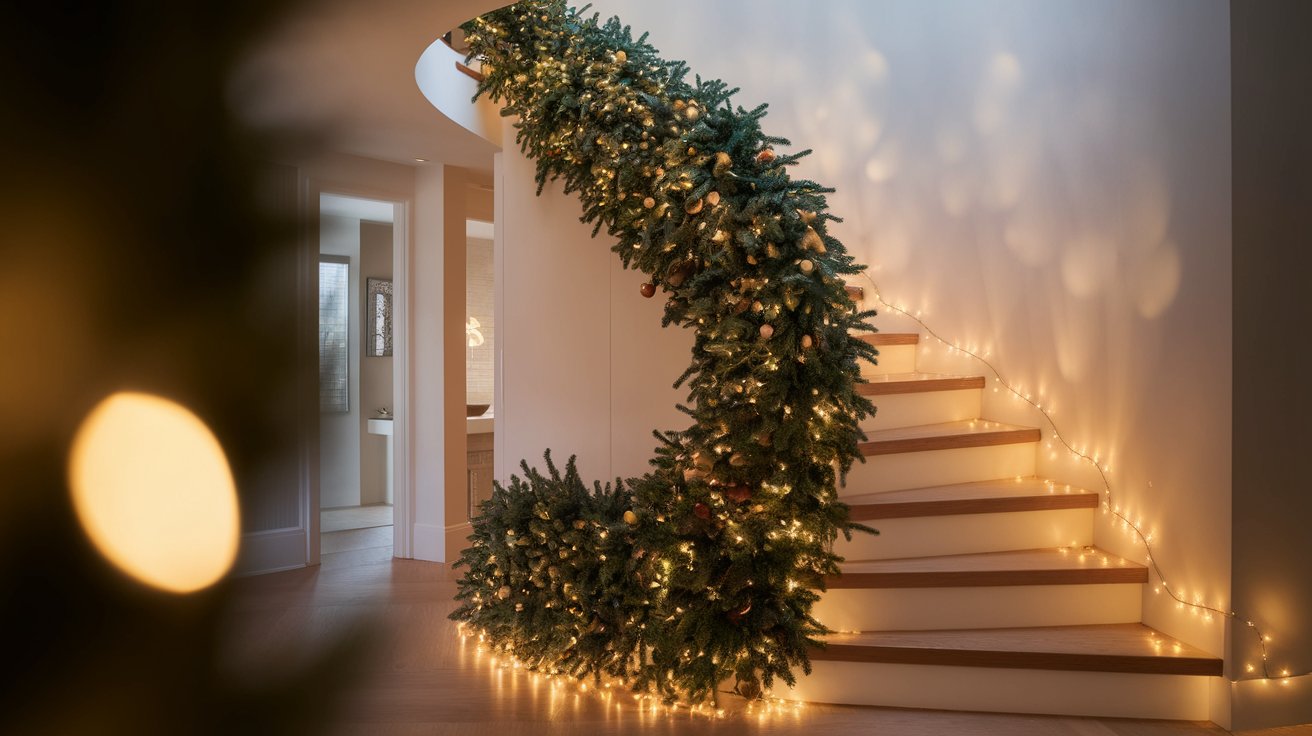 A staircase adorned with colorful Christmas lights, featuring a beautifully decorated Christmas tree at the bottom.