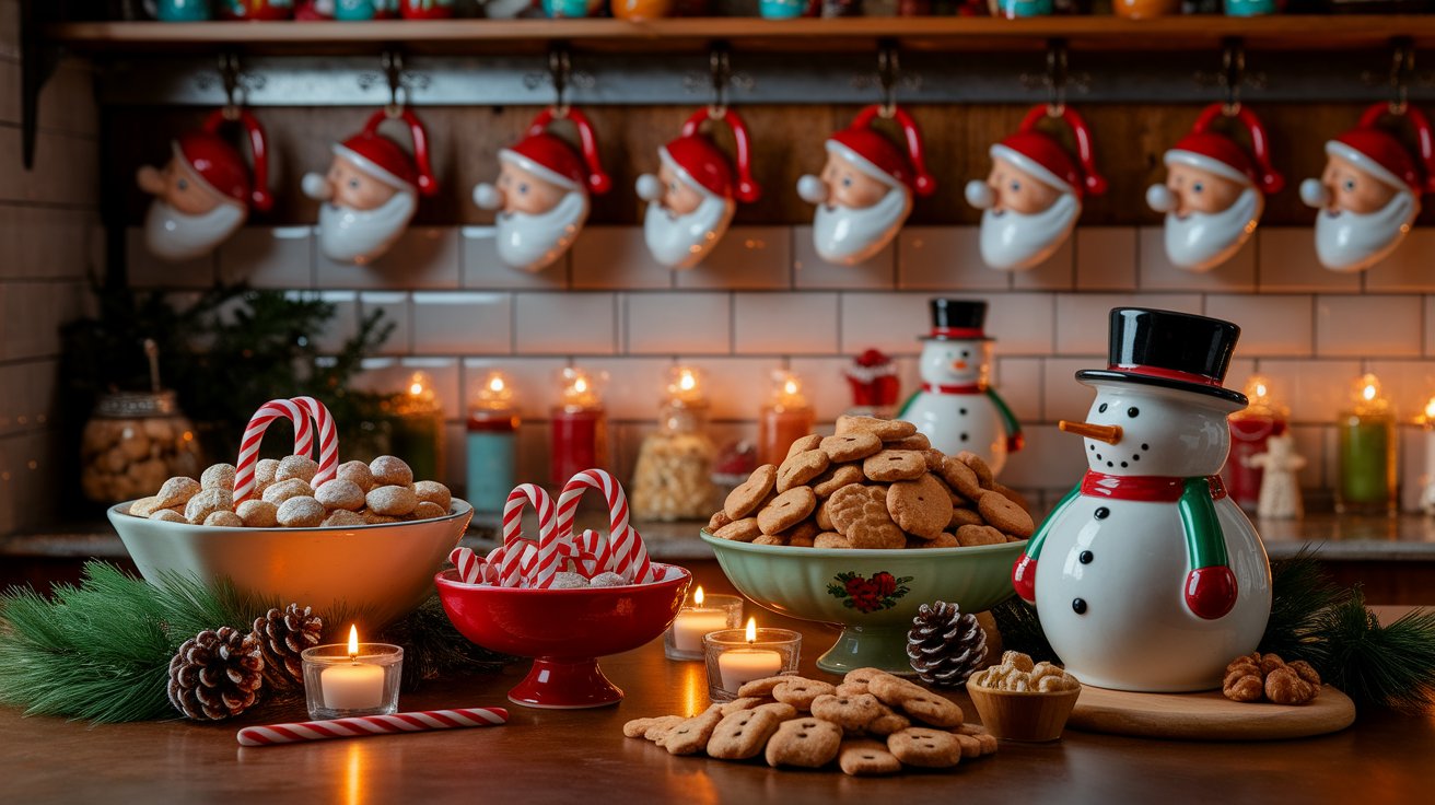 A festive table displaying an assortment of colorful Christmas cookies and candies, perfect for holiday celebrations.