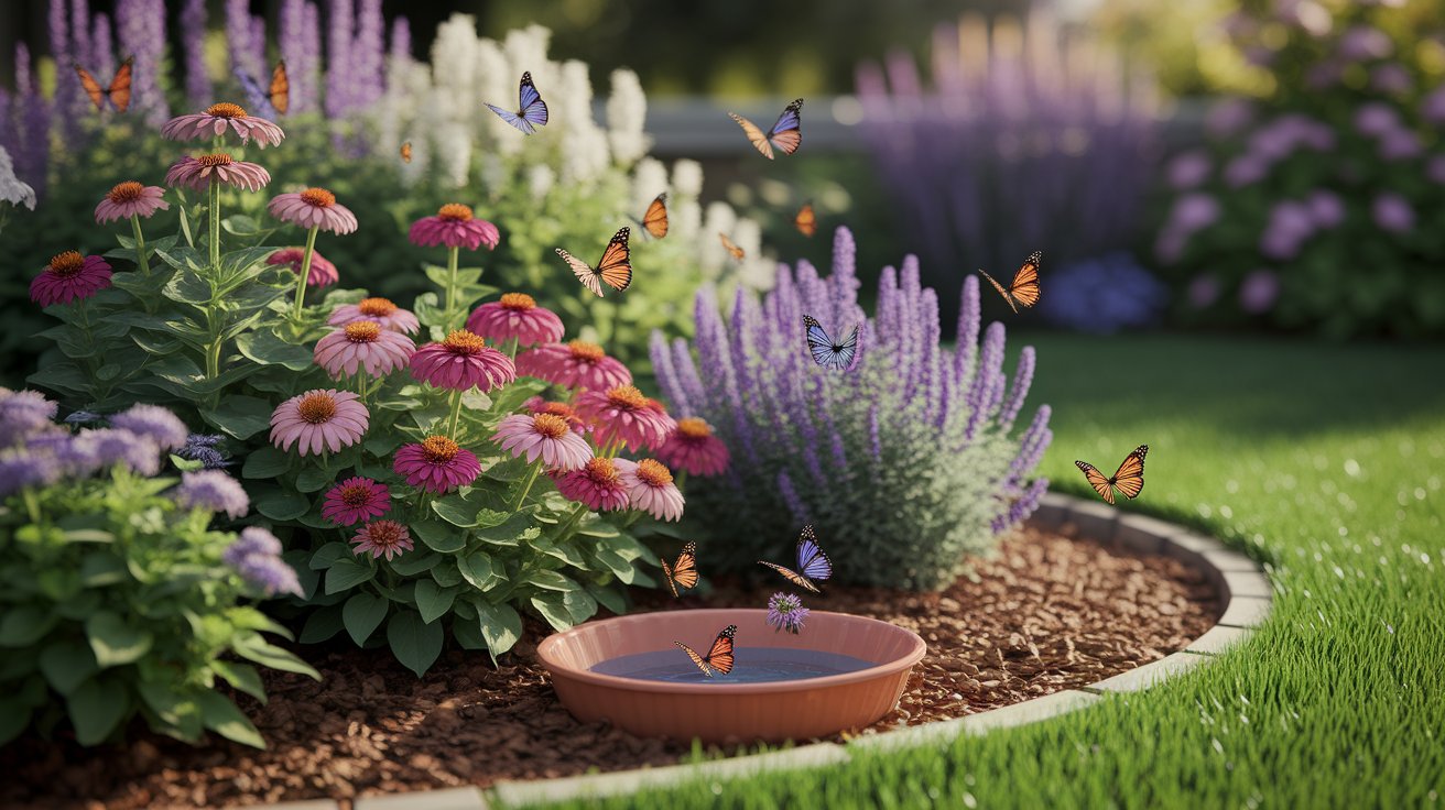 A vibrant flower garden filled with colorful flowers and fluttering butterflies among the blooms.