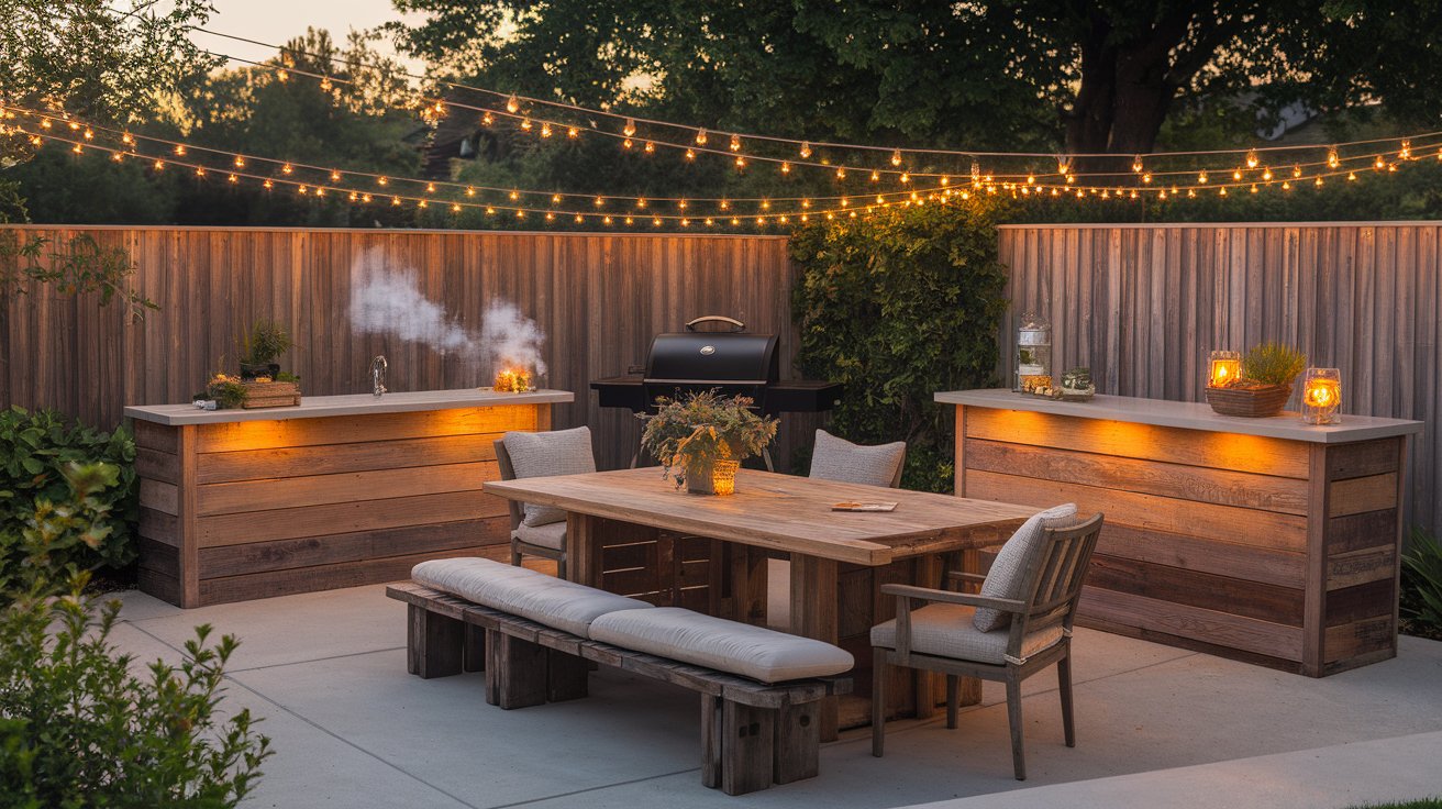 A backyard patio featuring a table surrounded by chairs, ideal for outdoor dining and relaxation.
