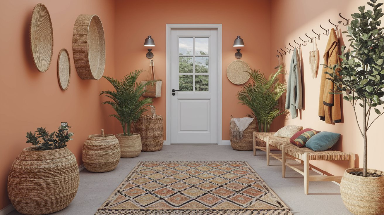 A hallway featuring vibrant orange walls adorned with several potted plants along the sides.