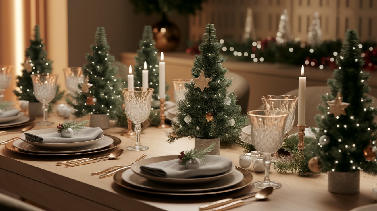 A beautifully arranged Christmas dinner table adorned with festive decorations and small Christmas trees.