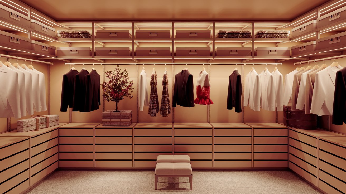 A spacious walk-in closet featuring neatly arranged clothes on racks, showcasing a variety of styles and colors.