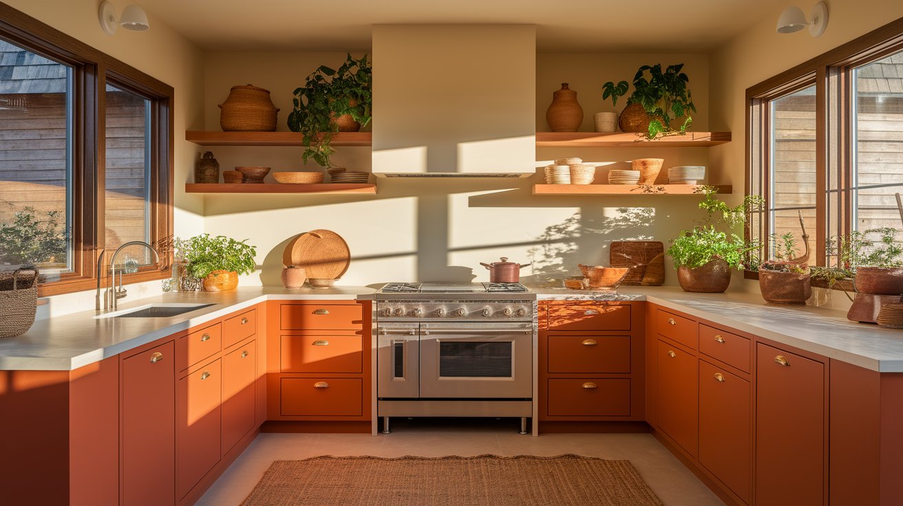 A modern kitchen featuring vibrant orange cabinets and a sleek stove, creating a warm and inviting cooking space.