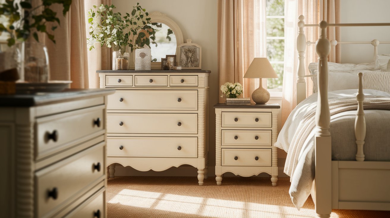 A cozy bedroom featuring a neatly made bed, a wooden dresser, and a wall-mounted mirror reflecting the room's decor.
