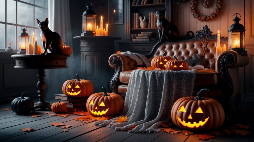 A cozy room decorated with carved Halloween pumpkins and flickering candles, creating a festive autumn atmosphere.