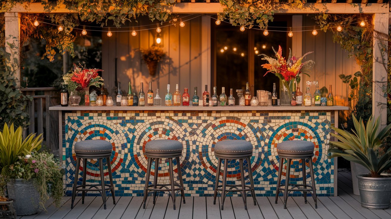 A vibrant outdoor bar featuring colorful stools and string lights, creating a lively atmosphere for social gatherings.